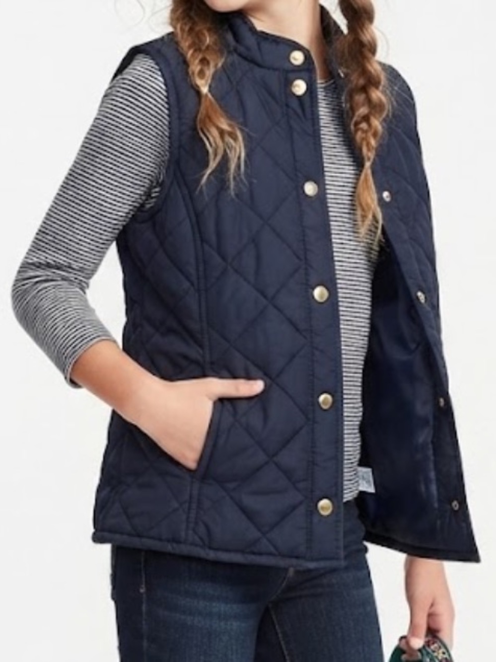 crown & ivy Navy Quilted Snap-Front Vest for Kids Girls Size Medium